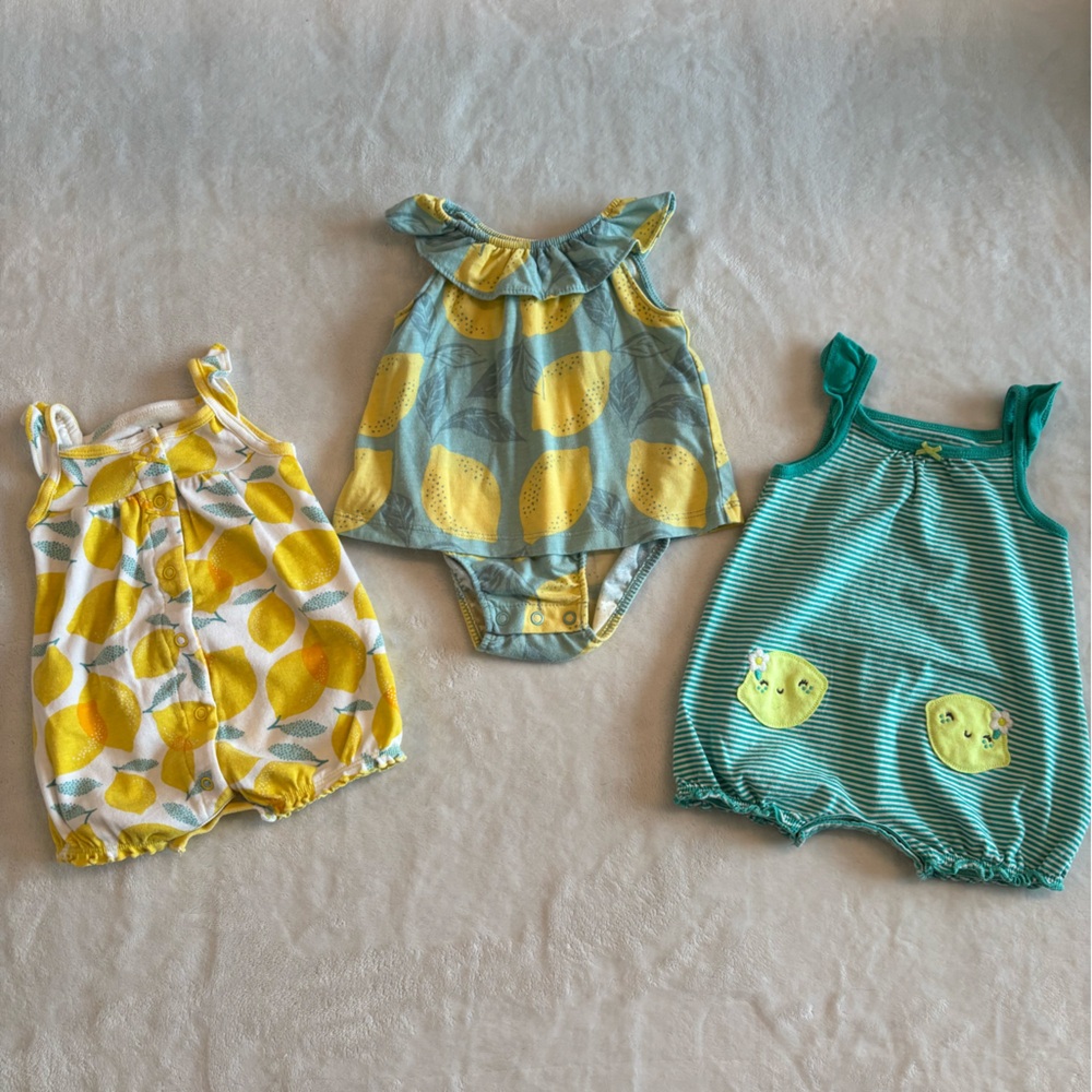 Carter’s Baby Girl Lemon Romper Bodysuit Bundle 0–3M